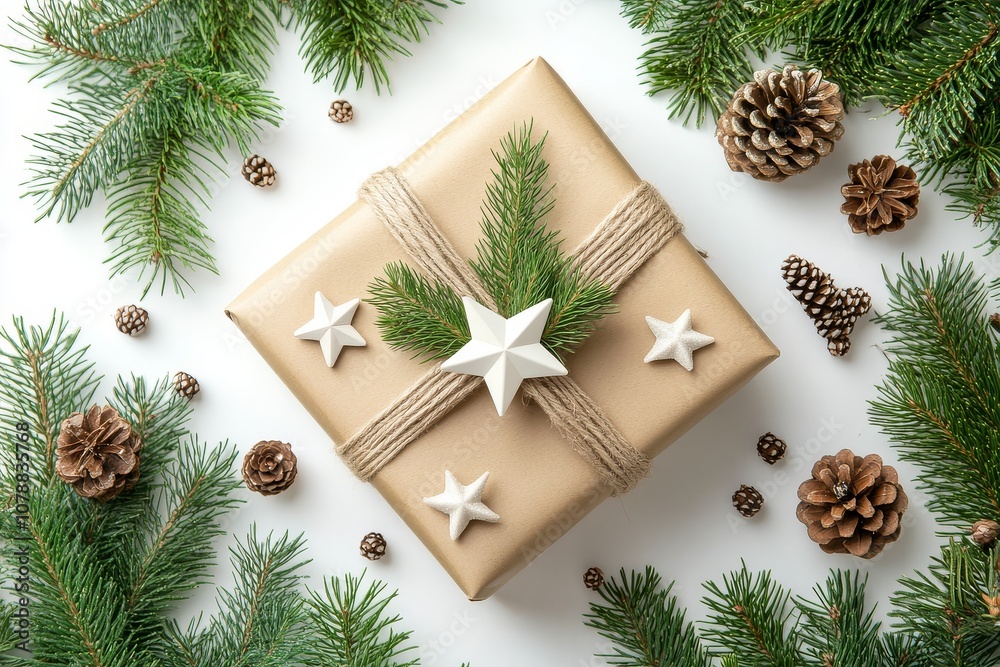 Gift wrapped in brown paper with white star-shaped bows and pine cones, surrounded by greenery, viewed from above on an empty white background. Gift wrapped in brown paper with white star-shaped bows and pine cones, surrounded by greenery, viewed from above on an empty white background.