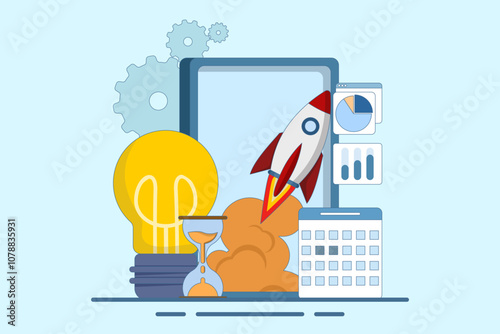 Startup business project concept, Startup business project, financial planning, idea, strategy, management, realization and success. Rocket launch from monitor. Flat vector illustration on background.
