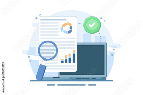 Performance data analysis concept, investment report, marketing study, audition service, Statistical and analytical concept, business performance report, marketing research service. flat vector.