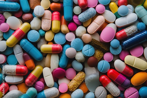 Pharmacy theme. Multicolored Isolated Pills and Capsules. Colorful pills and medical capsules.
