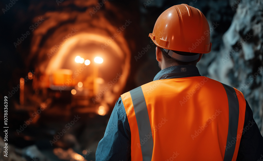 Construction worker in a high-visibility outfit and hard hat, standing in a dimly lit underground tunnel. Construction worker in a high-visibility outfit and hard hat, standing in a dimly lit underground tunnel.