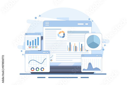 study concept for market expansion. Financial report, investment data, sales information, business analysis, computing, Businessman analyzing diagrams and graphs with magnifying glass. illustration.