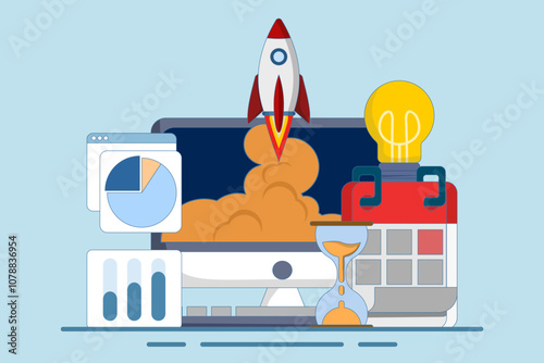 Startup business project concept, Startup business project, financial planning, idea, strategy, management, realization and success. Rocket launch from monitor. Flat vector illustration on background.