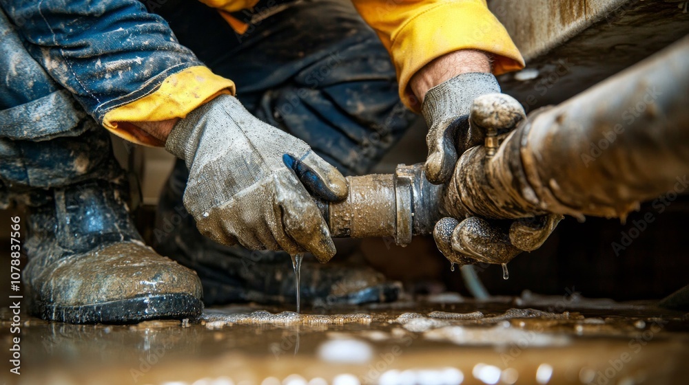 A man in a yellow jacket is working on a pipe A man in a yellow jacket is working on a pipe
