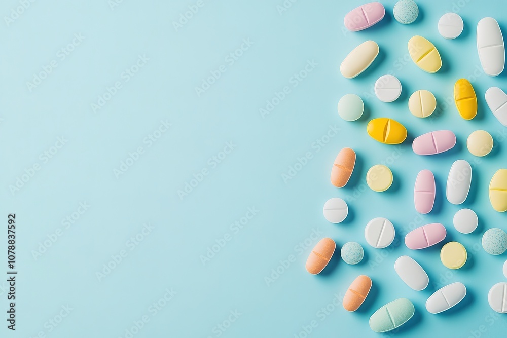 Close up of many different pills arranged in pattern on blue background.
Close up of many different pills arranged in pattern on blue background.