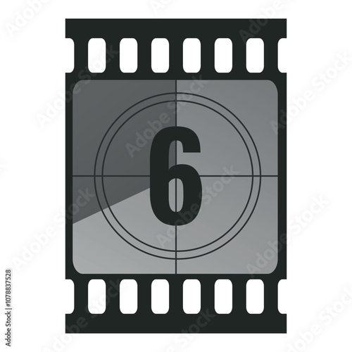 Countdown filmstrip frame piece with number six. Retro cinema movie timer counter. Vector illustration