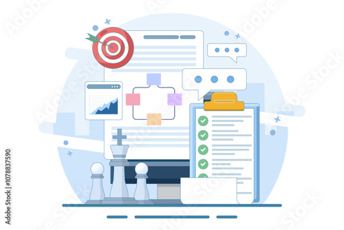 Strategic planning concept, goal setting, organizational alignment, strategic direction, strategic vision, actionable goals, goal achievement, flat vector illustration on background.