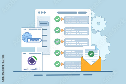 Web UI Interface. Data analysis, SEO Optimization dashboard and business financial report. PC or website SEO investment screen. Technology Analysis KPI Data Dashboard. Flat Vector Illustration.