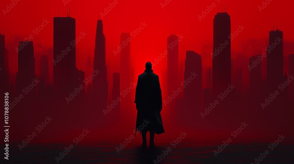 Mysterious Figure Stands Against a Fiery Red Skyline in a Futuristic Urban Landscape Mysterious Figure Stands Against a Fiery Red Skyline in a Futuristic Urban Landscape