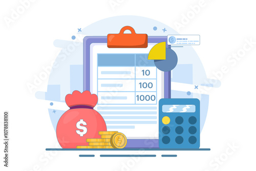 Financial management concept. Family income. People planning and recording household budget and expenses. People saving. Flat vector illustration on background.