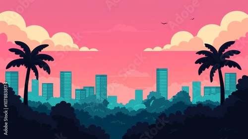 Explore the Vibrant Cityscape at Sunset with Lush Tropical Elements Enhancing Urban Beauty