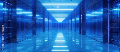 Blue, sleek hallway with reflective walls and glowing lights.