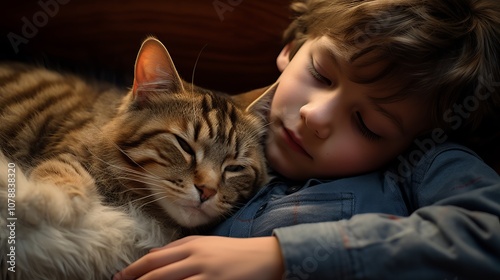 A young boy sleeps soundly with his tabby cat.