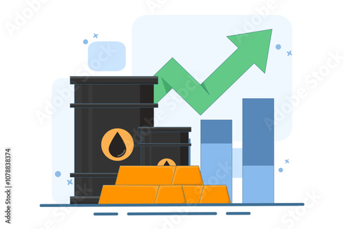 Global gold and crude oil trading market concept, Oil barrel with gold bars and devices on isolated background, digital marketing. Flat vector illustration on background.