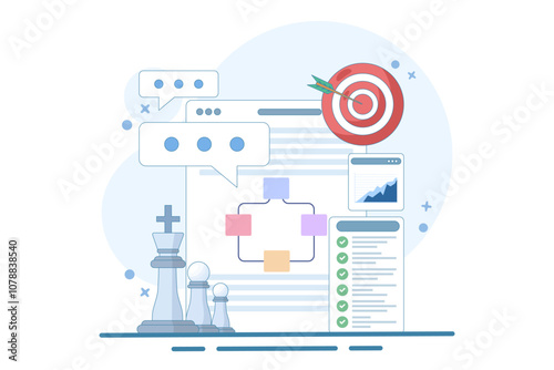Strategic planning concept, goal setting, organizational alignment, strategic direction, strategic vision, actionable goals, goal achievement, flat vector illustration on background.