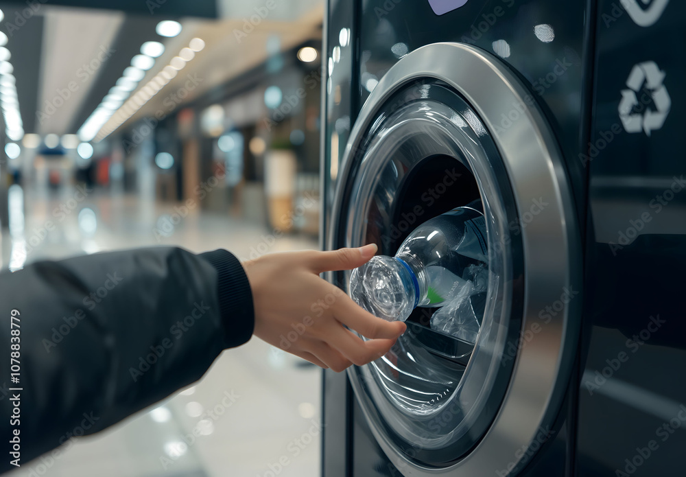 person's hand places a plastic bottle into a recycling machine, symbolizing environmental awareness, waste management, and sustainability for use in educational and environmental projects person's hand places a plastic bottle into a recycling machine, symbolizing environmental awareness, waste management, and sustainability for use in educational and environmental projects