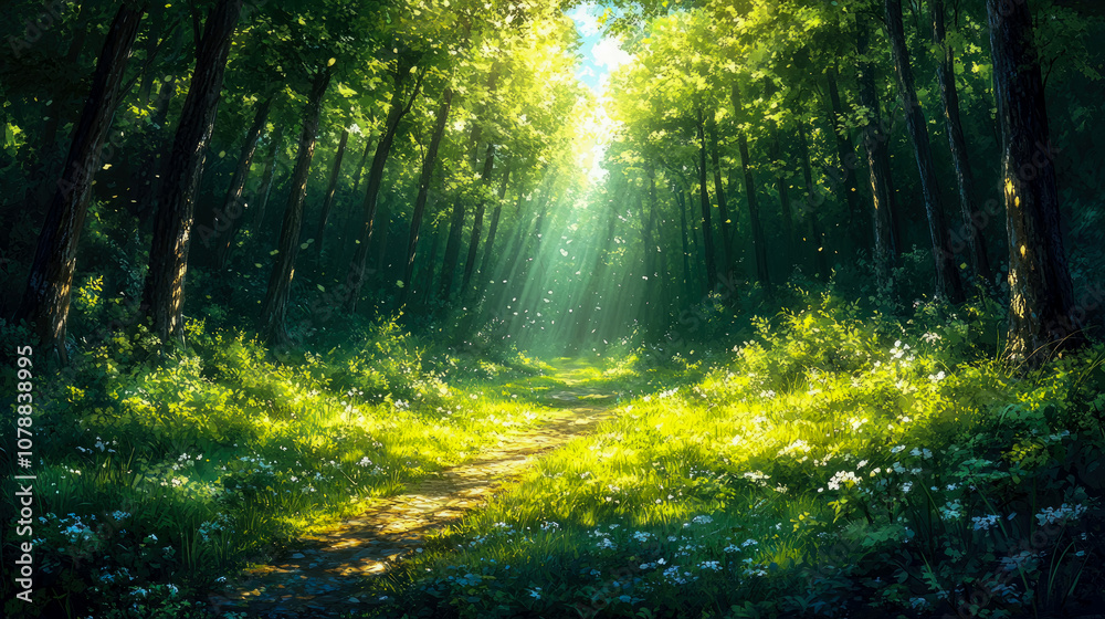 A tranquil forest path is bathed in morning sunlight, where lush green foliage and wildflowers create a serene atmosphere A tranquil forest path is bathed in morning sunlight, where lush green foliage and wildflowers create a serene atmosphere