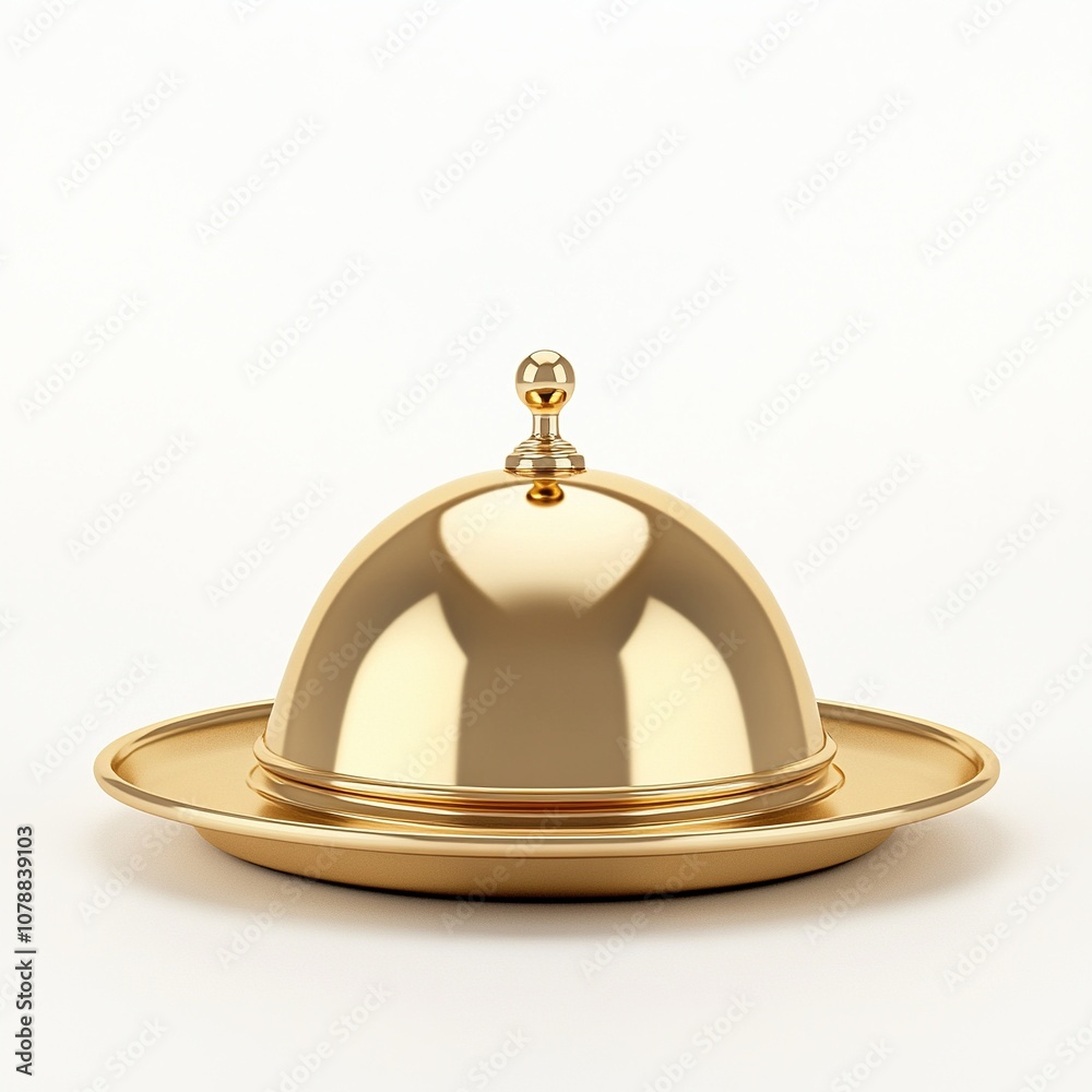 Golden serving cloche raised above empty golden plate in a dining setting open serving cloche isolated on white a background Golden serving cloche raised above empty golden plate in a dining setting open serving cloche isolated on white a background