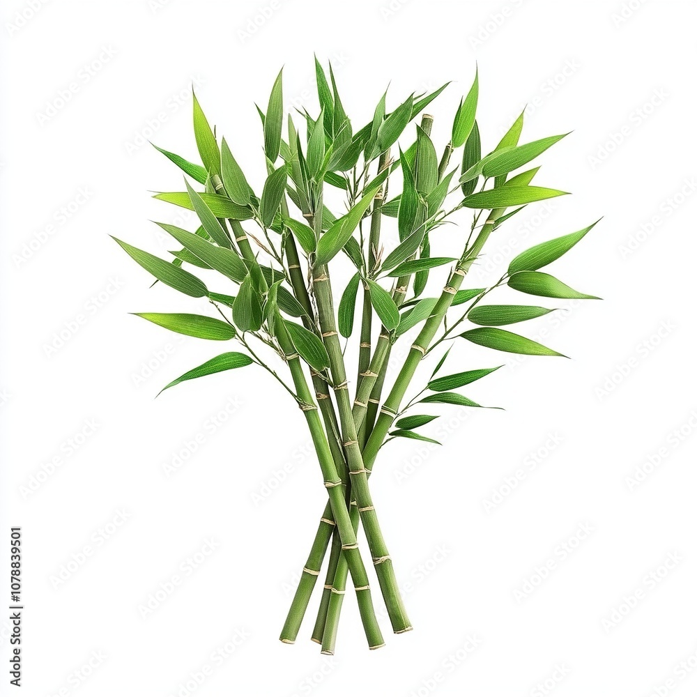 Green bamboo stems with leaves, cut out isolated on white a background