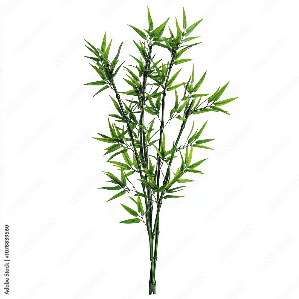 Fototapeta premium Green bamboo stems with leaves, cut out isolated on white a background