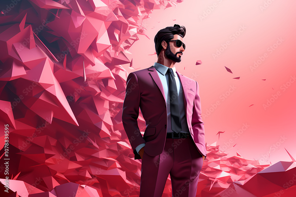 A Stylish Figure in a Striking Pink Suit Stands Confidently Against a Vibrant Abstract Background A Stylish Figure in a Striking Pink Suit Stands Confidently Against a Vibrant Abstract Background