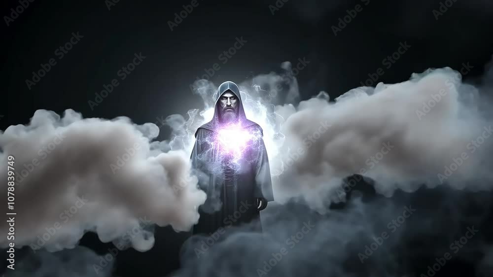 Mysterious wizard in a black cloak is conjuring a magic light in his hands, surrounded by thick clouds on a dark background Mysterious wizard in a black cloak is conjuring a magic light in his hands, surrounded by thick clouds on a dark background
