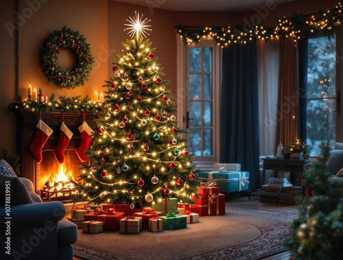 Cozy Christmas Living Room with Tree, Fireplace, and Festive Decor