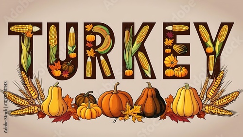 Vibrant Fall Decor Featuring Autumn Elements in a Decorative Typography Design Celebrating Thanksgiving with Pumpkins, Corn, and Leaves photo