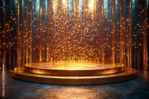 Golden stage in golden confetti. Beautiful background, banner, stand, pedestal photo