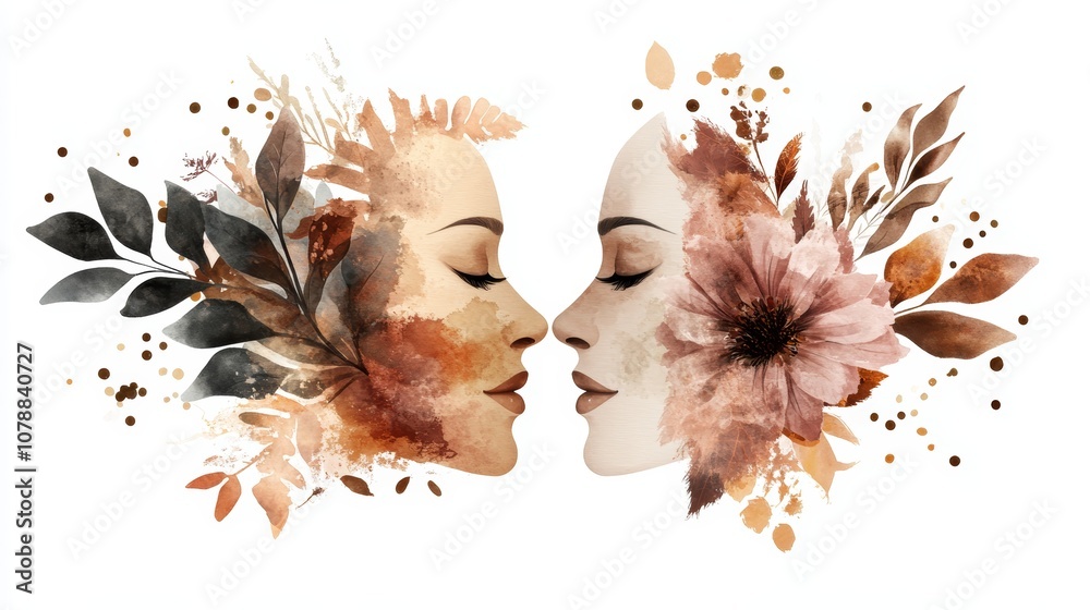 Obraz premium Nature's two women embellished with intricate floral and leafy face art, a stunning display of beauty creativity
