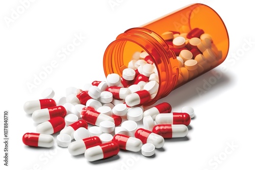 Medicine concept. Spilled pills from prescription bottle. 3d

