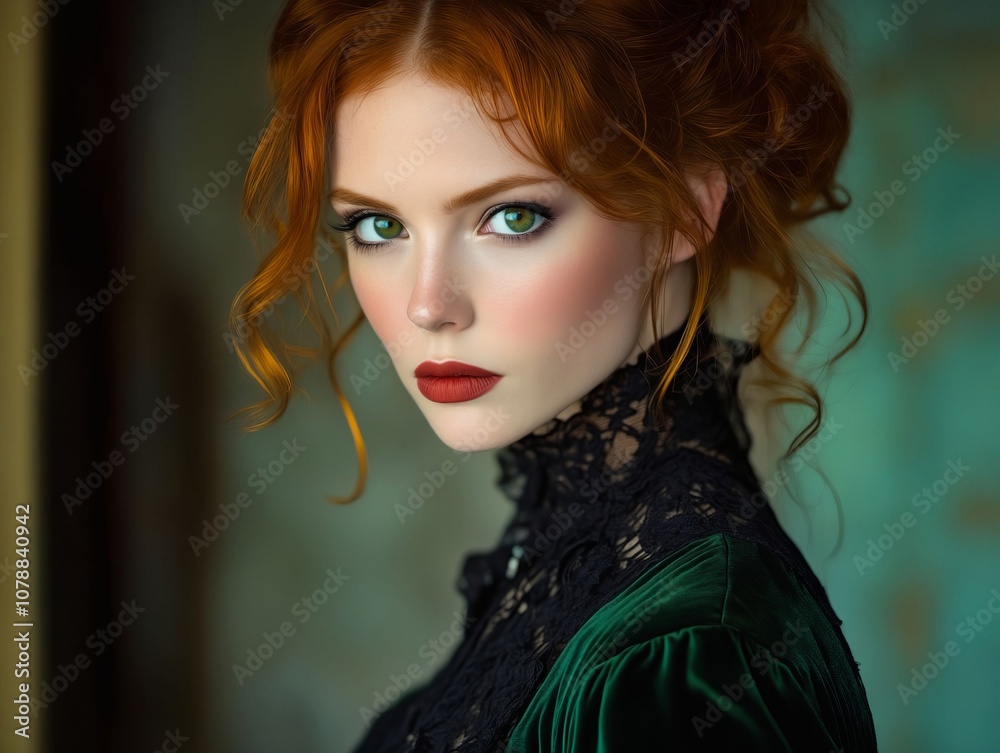 A woman with red hair and green eyes wearing a black dress A woman with red hair and green eyes wearing a black dress