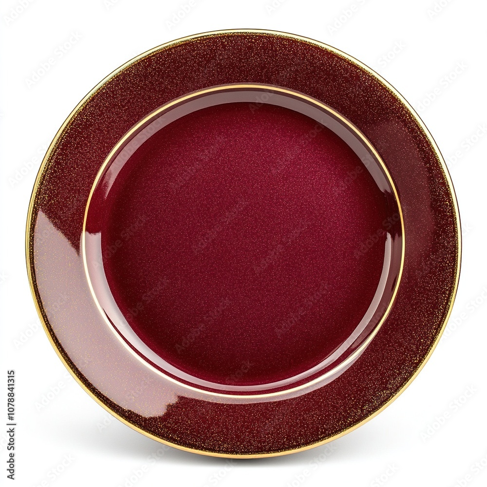 Maroon with golden coating empty plate in a dining setting isolated on white a background Maroon with golden coating empty plate in a dining setting isolated on white a background