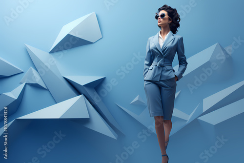 Elegant Woman in Tailored Blue Suit Striking a Poised Pose Against a Modern Geometric Backdrop