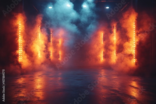 Empty room with neon lights in smoke. Fog, beautiful background, light. Banner with space for text photo