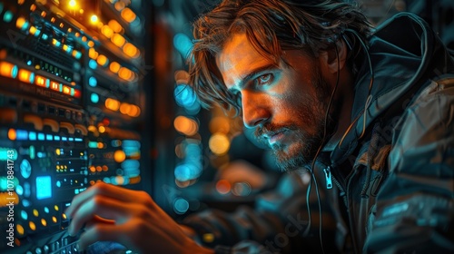 An office equipment repair technician performing maintenance on a network server, ensuring all cables and connections are secure, with a data center setting photo