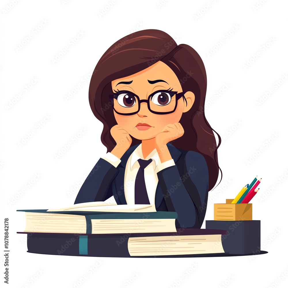 A thoughtful young woman in a business suit sits at a desk with books, looking contemplative, highlighting themes of study and focus. A thoughtful young woman in a business suit sits at a desk with books, looking contemplative, highlighting themes of study and focus.