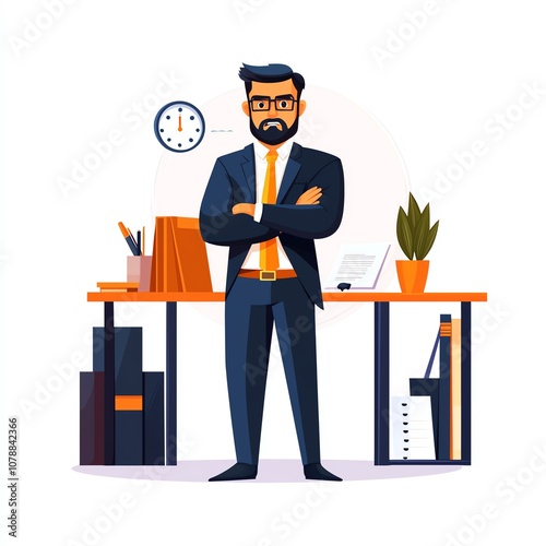 A confident businessman stands in an office setting, arms crossed, with a clock, books, a plant, and documents visible on the desk.