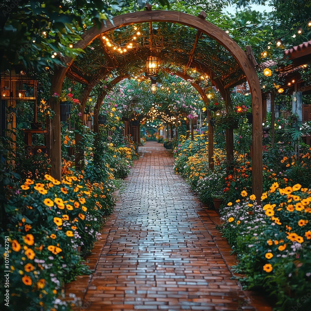 A brick pathway lined with flowers leads through a garden archway. A brick pathway lined with flowers leads through a garden archway.