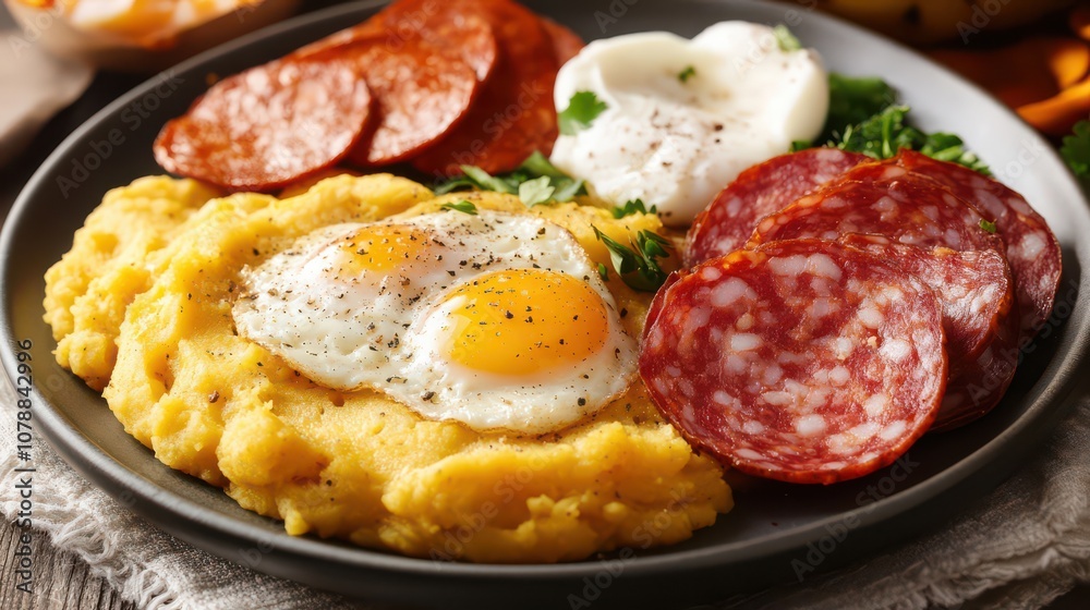 Hearty Breakfast with Eggs and Salami on a Plate Hearty Breakfast with Eggs and Salami on a Plate