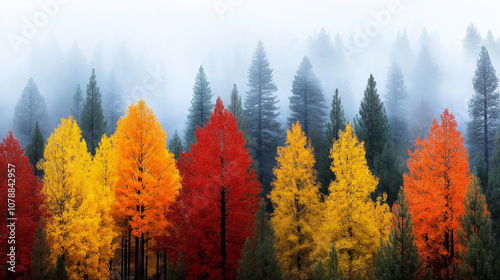 Vibrant autumn trees in shades of red, orange, and yellow against a misty, fog-covered forest backdrop, highlighting seasonal beauty.