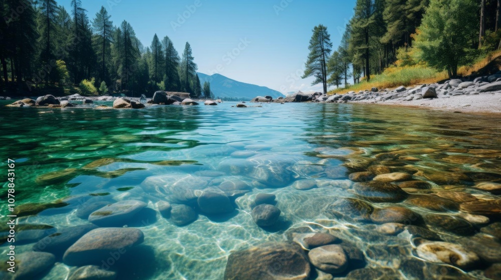A beautiful lake with a rocky shoreline and a clear blue sky A beautiful lake with a rocky shoreline and a clear blue sky