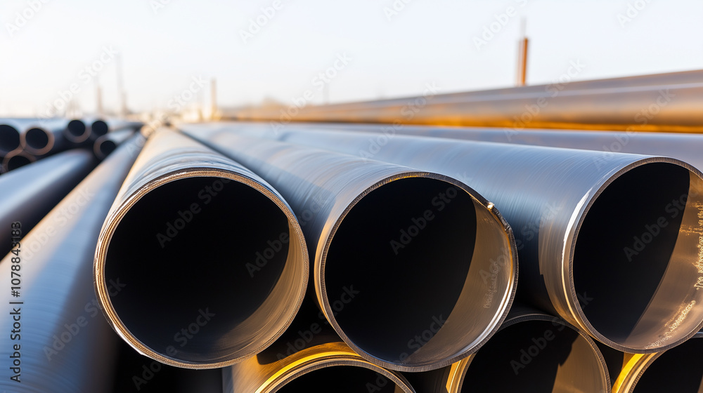 Close-up of large industrial pipes stacked in a construction area, representing infrastructure and manufacturing.