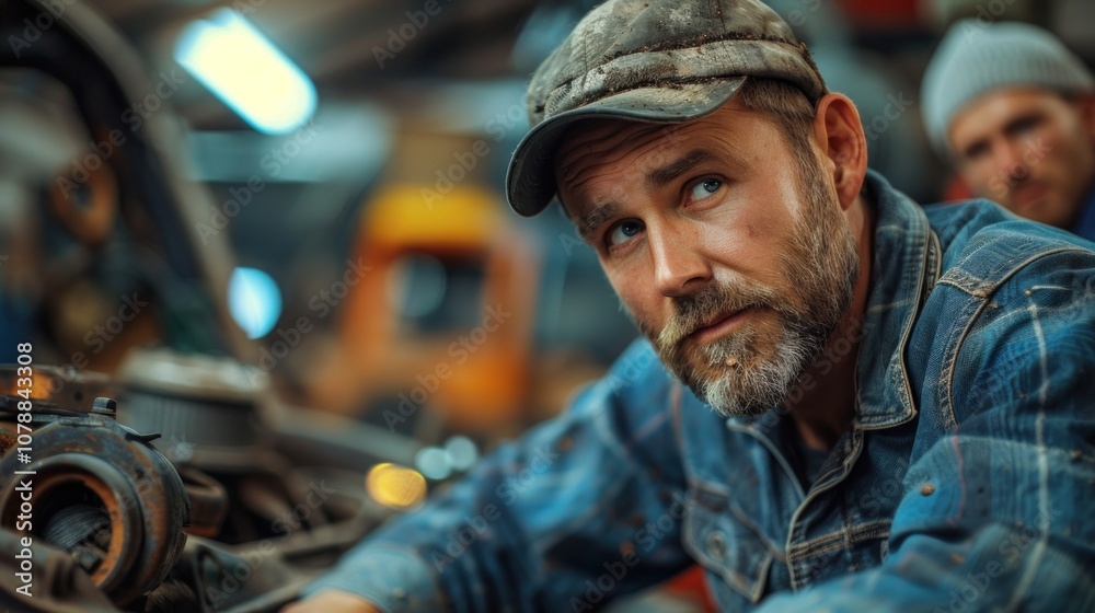 An unscrupulous mechanic showing false repairs to a customer, automotive deception concept An unscrupulous mechanic showing false repairs to a customer, automotive deception concept