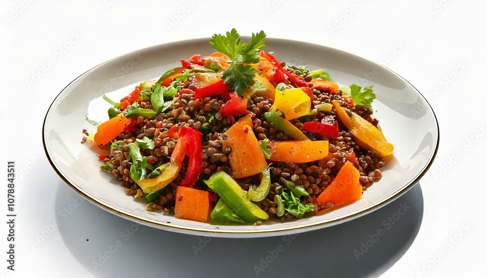 Freigestellter Linsensalat mit Gemüse und Zitrus-Dressing – Nährstoffreiches Food-Motiv Freigestellter Linsensalat mit Gemüse und Zitrus-Dressing – Nährstoffreiches Food-Motiv