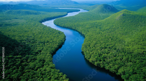 Aerial view of a winding river cutting through dense, lush green rainforest, showcasing untouched natural beauty and biodiversity.