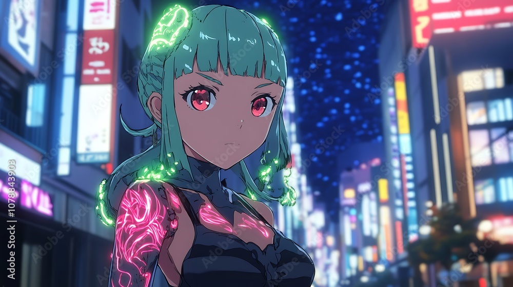 Anime girl with glowing tattoos standing in front of a neon-lit city Anime girl with glowing tattoos standing in front of a neon-lit city