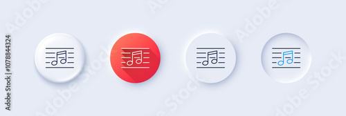Musical note line icon. Neumorphic, Red gradient, 3d pin buttons. Music sign. Line icons. Neumorphic buttons with outline signs. Vector