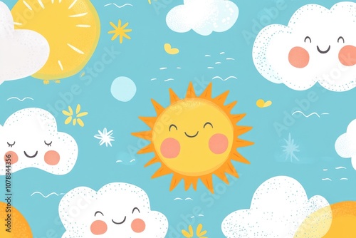 Childish Cartoon Sky Pattern with Sun and Clouds for Baby Fashion