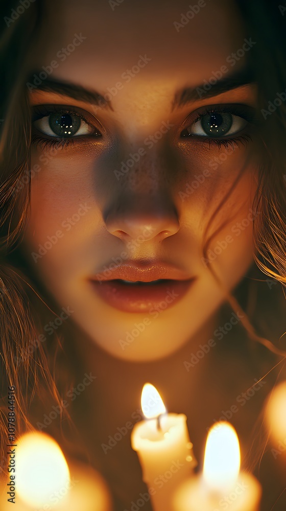 A beautiful woman gazing at the camera, surrounded by candles, her face illuminated by the warm, romantic light, in a close-up with a shallow depth of field and a soft focus effect A beautiful woman gazing at the camera, surrounded by candles, her face illuminated by the warm, romantic light, in a close-up with a shallow depth of field and a soft focus effect